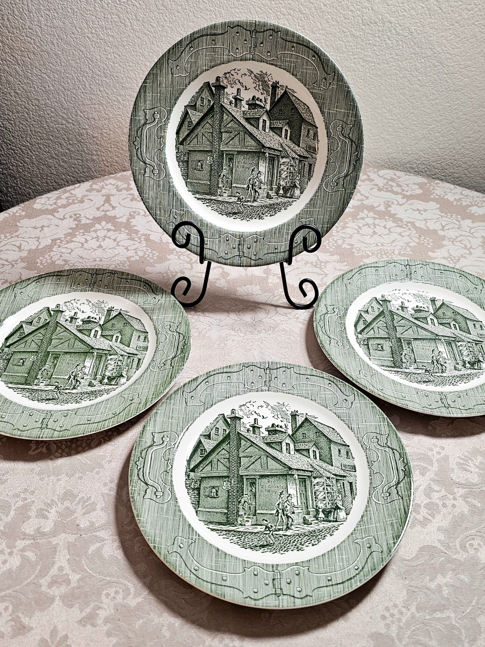 Vintage Royal China "The Old Curiosity Shop" Green  Transferware Plates 4 Pc Set